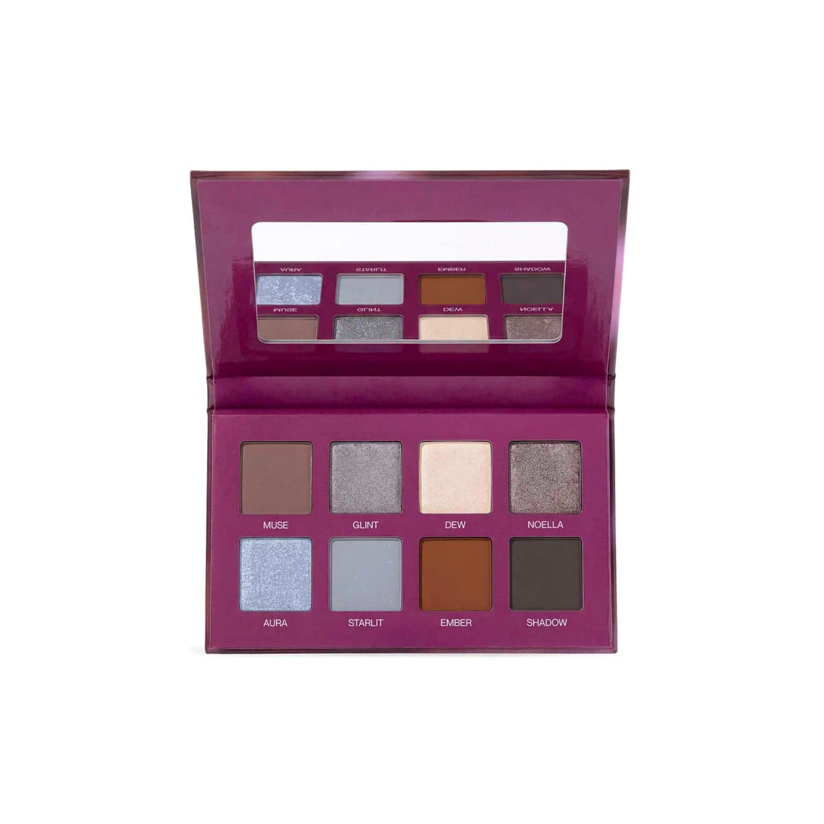 Open full-size Serenade palette with mirror and eight labelled shades, from Muse and Glint to Ember and Shadow.