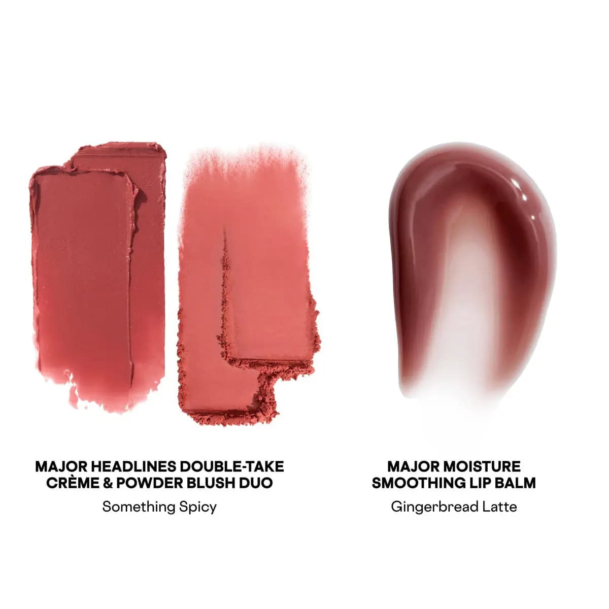Swatches of Patrick Ta Something Spicy crème and powder blush and Gingerbread Latte lip balm in soft warm mocha