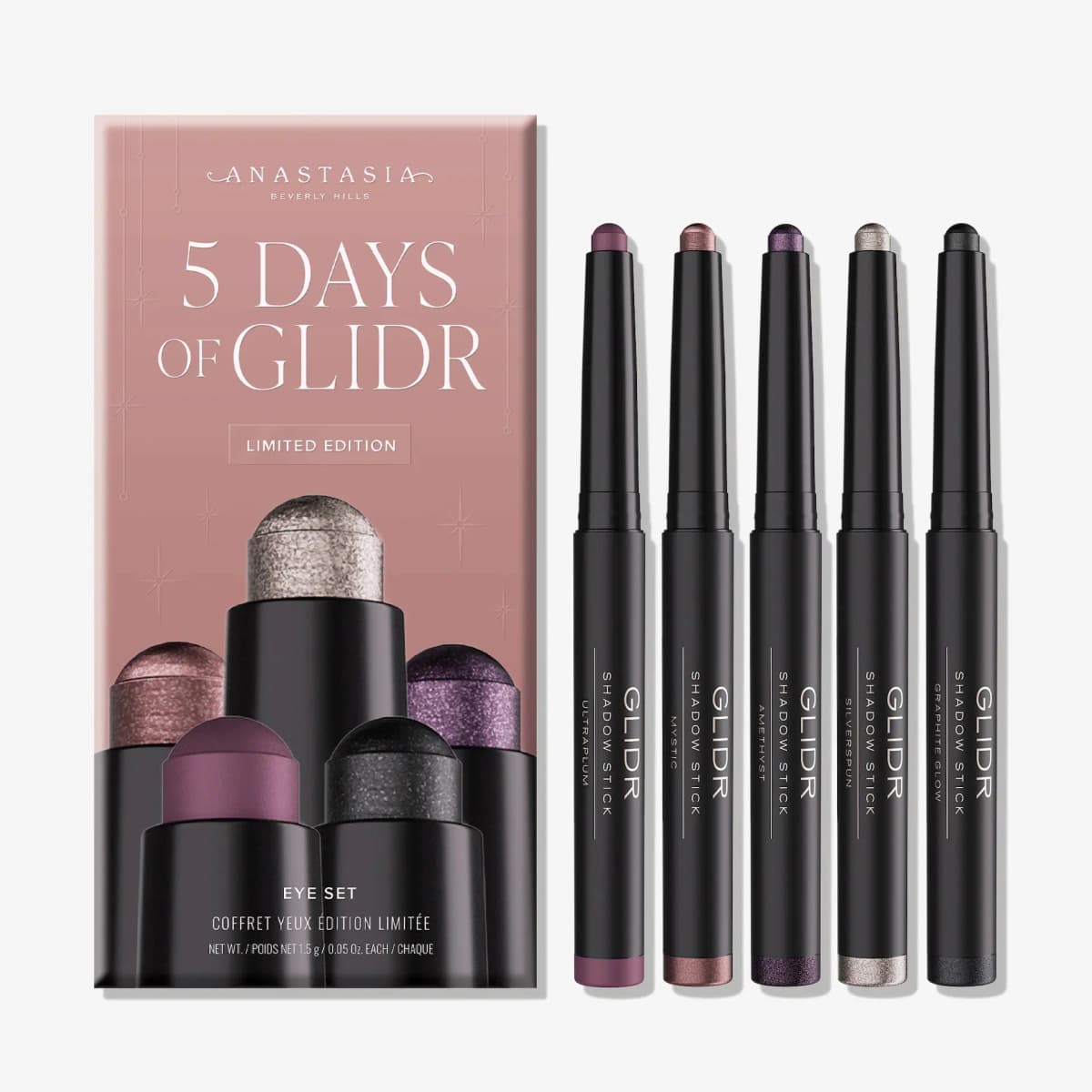 5 Days of GLIDR eye set with Ultraplum, Mystic, Amethyst, Silverspun and Graphite Glow shadow sticks