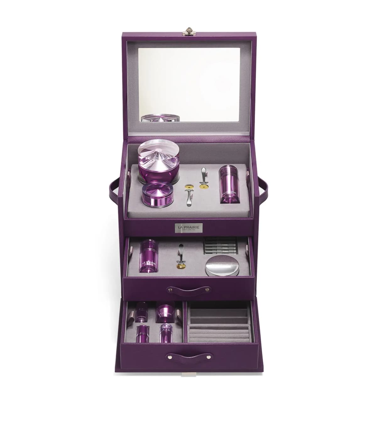 La Prairie Platinum Rare Rejuvenation Trunk Gift Set, open purple vanity case with mirror, drawers and faceted purple jars