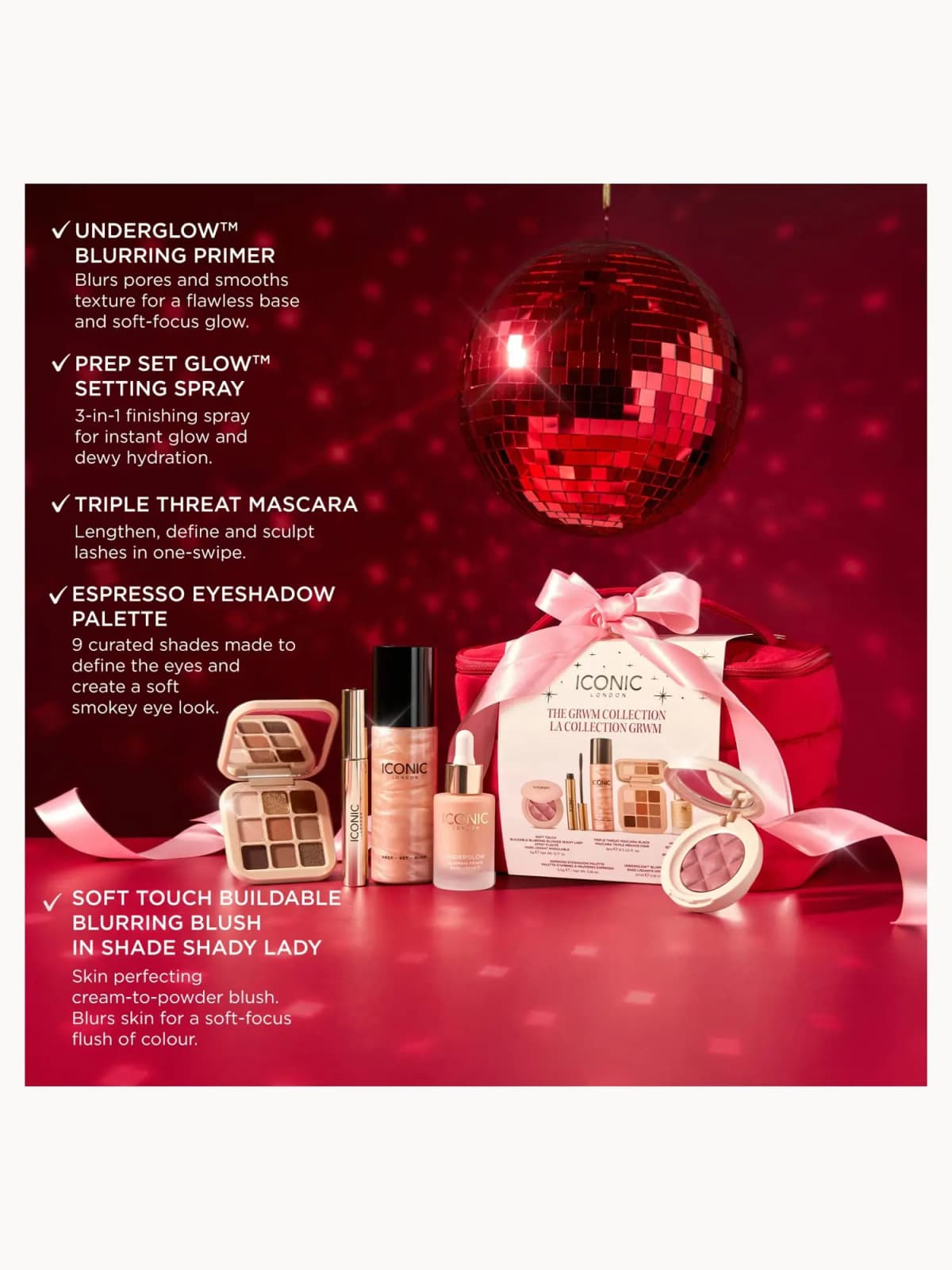 Festive red scene with disco ball and pink bow showing GRWM Collection
