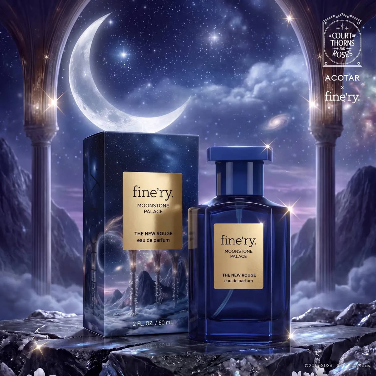 Blue Moonstone Palace bottle and box on stone between arched pillars beneath a glowing crescent moon and stars