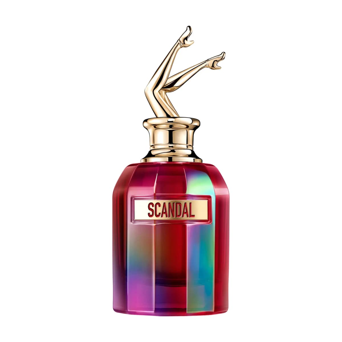 Faceted red bottle with iridescent rainbow sheen, gold Scandal label and gold cap topped with sculpted raised legs