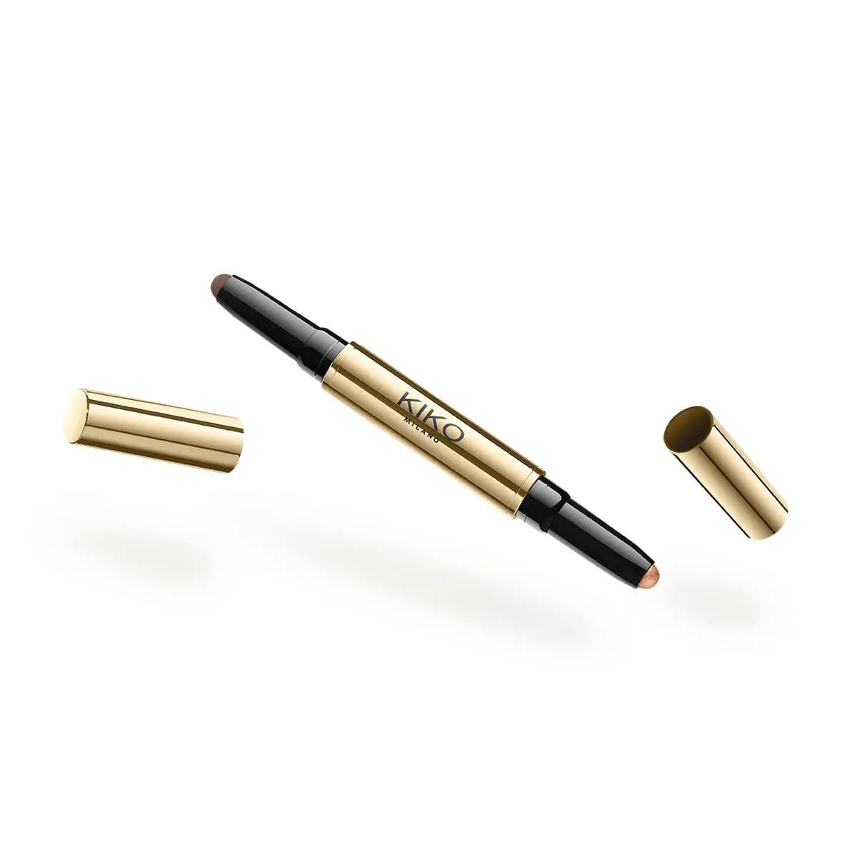 Dual-ended gold eye stick with brown and shimmery copper tips, caps removed