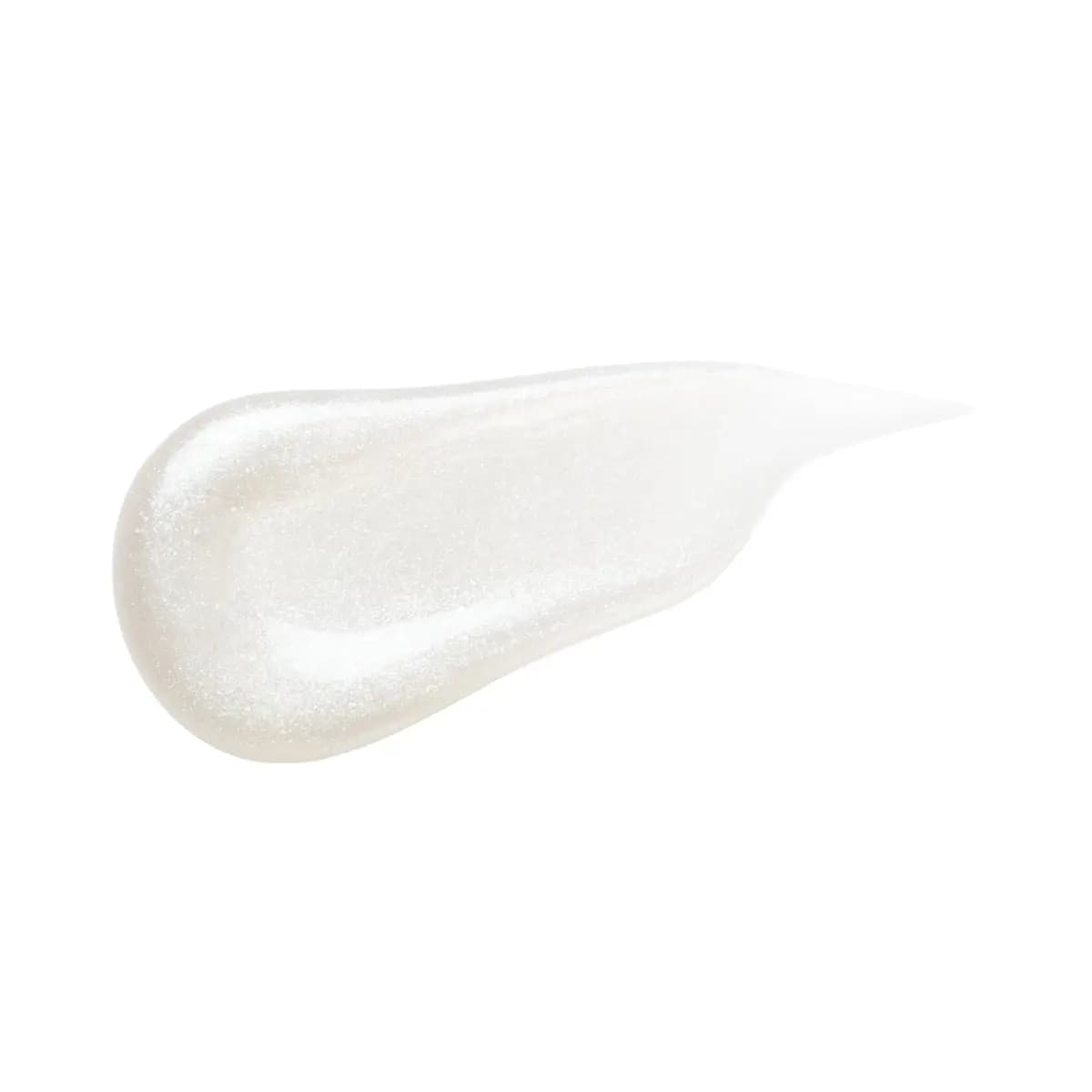 Pearly silver-white shimmer lip gloss swatch in a teardrop shape on white background