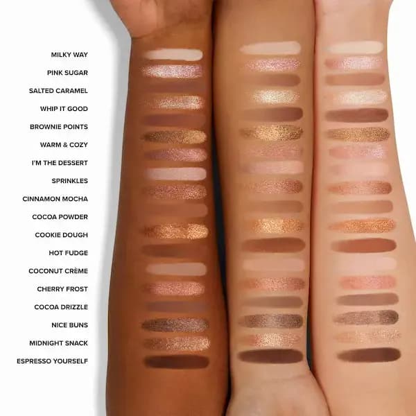 Arm swatches of all 18 shades, from Milky Way to Espresso Yourself, on deep, medium and fair skin tones