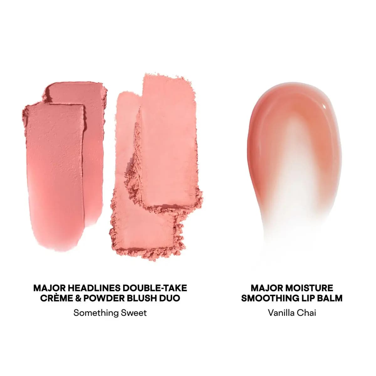 Swatches of Patrick Ta Something Sweet crème and powder blush and Vanilla Chai lip balm in soft rosy pink