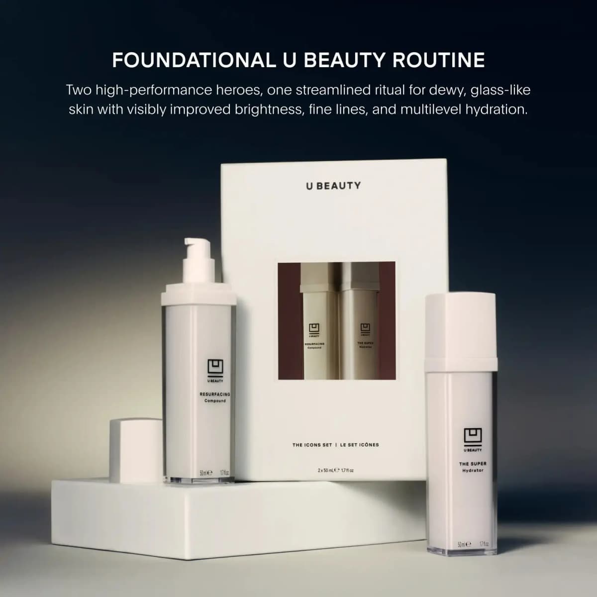 Icons Set box with Resurfacing Compound pump bottle and The SUPER Hydrator under Foundational U Beauty Routine headline