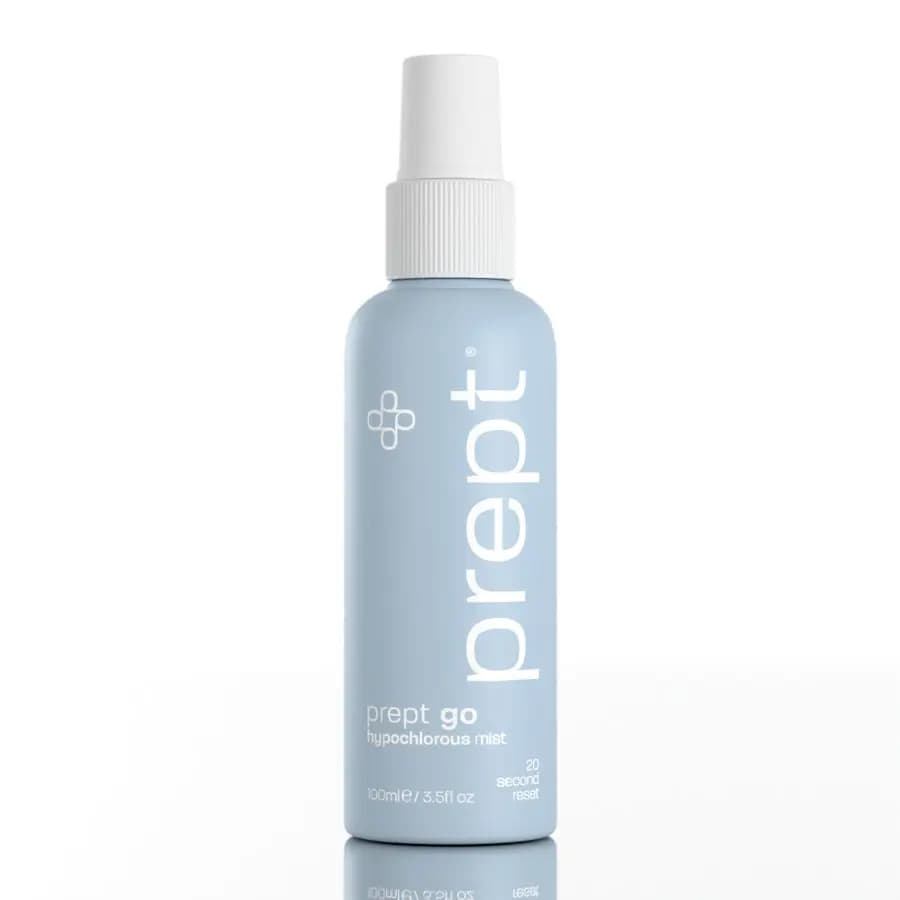 Pale blue 100ml prept go hypochlorous mist bottle with white spray nozzle, labelled 20 second reset, on white