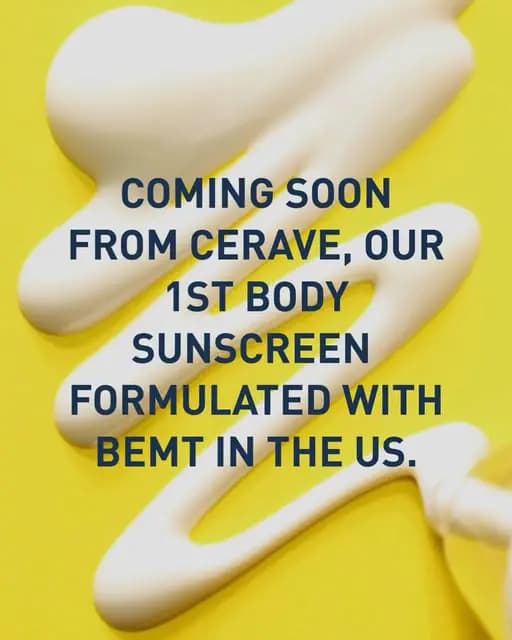 CeraVe BEMT body sunscreen teaser: white cream swirl from a tube on yellow with navy text announcing it's coming soon