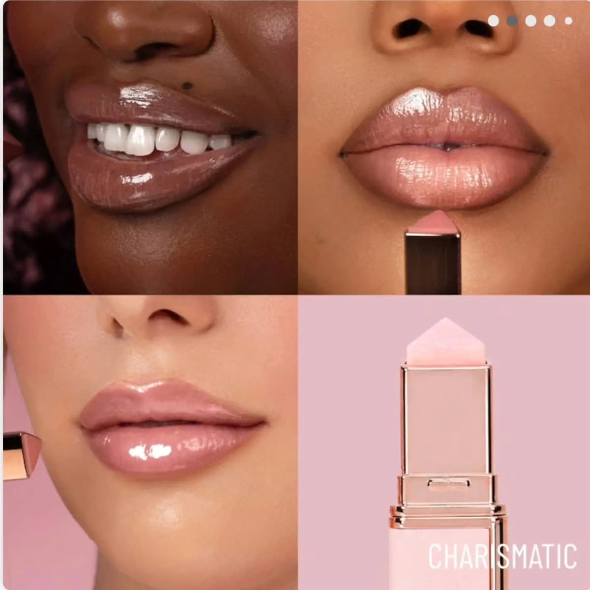 Charismatic swatched on three models as a sheer glossy pink, with a close-up of the light pink pyramid-tipped balm.