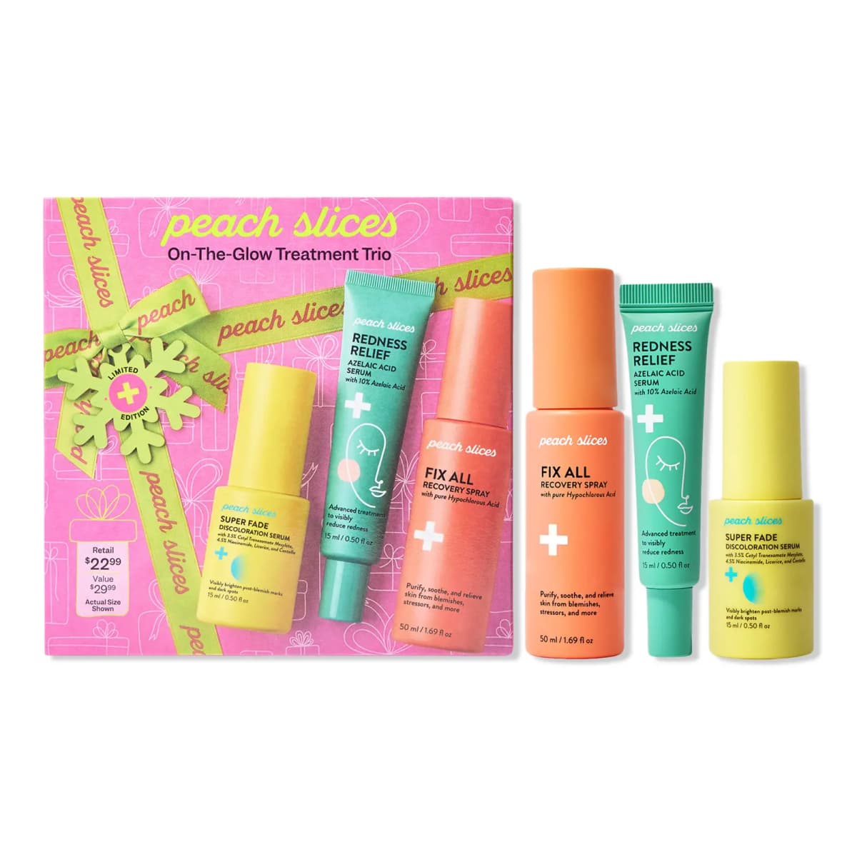 Peach Slices On-The-Glow Treatment Trio pink gift box beside Fix All spray, Redness Relief tube and Super Fade serum