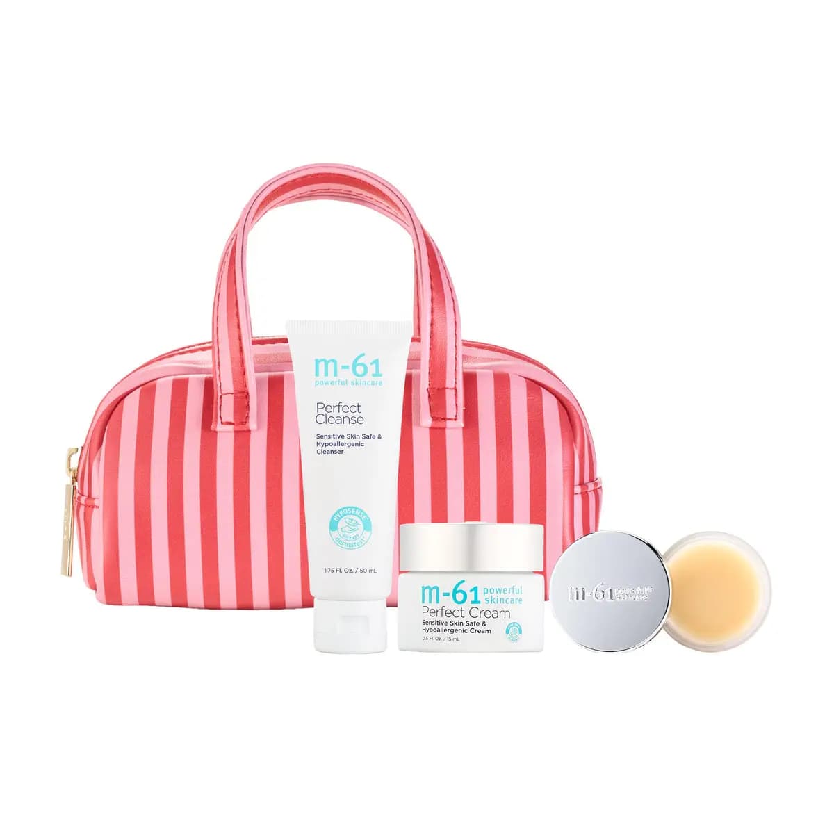 Pink and red striped mini handbag with M-61 Perfect Cleanse tube, Perfect Cream jar and an open balm pot