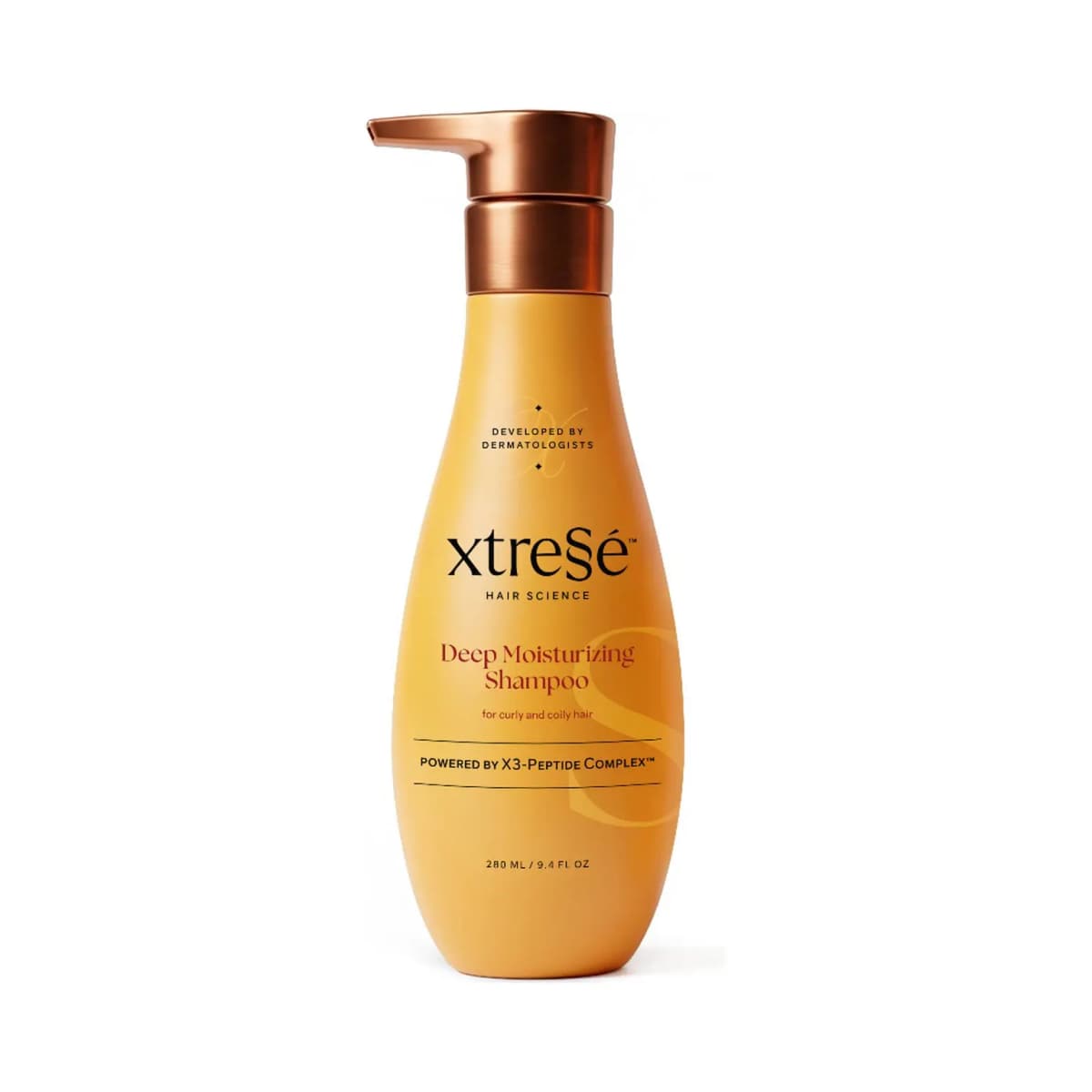 Xtressé Deep Moisturizing Shampoo for curly and coily hair in a yellow 280 mL pump bottle with copper top