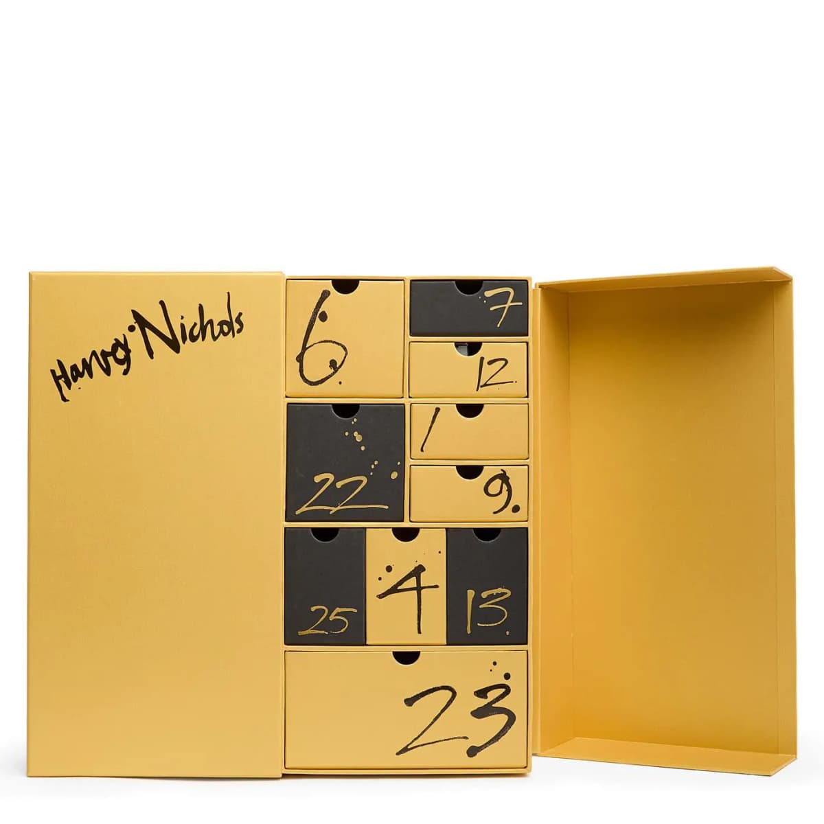 Gold box half open showing numbered drawers 6, 7, 12, 22, 1, 9, 25, 4, 13 and 23