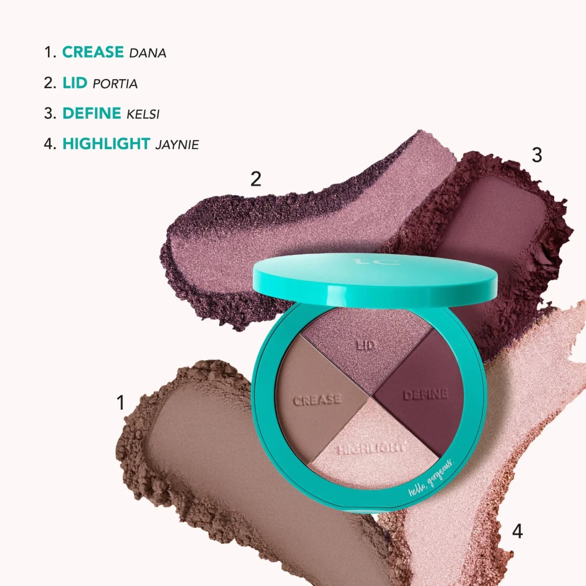 Signature Plums with numbered swatches: Crease Dana, Lid Portia, Define Kelsi, Highlight Jaynie.