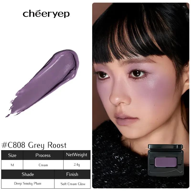 C808 Grey Roost deep smoky plum swatch and a model in a dark sweater wearing smoky purple blush