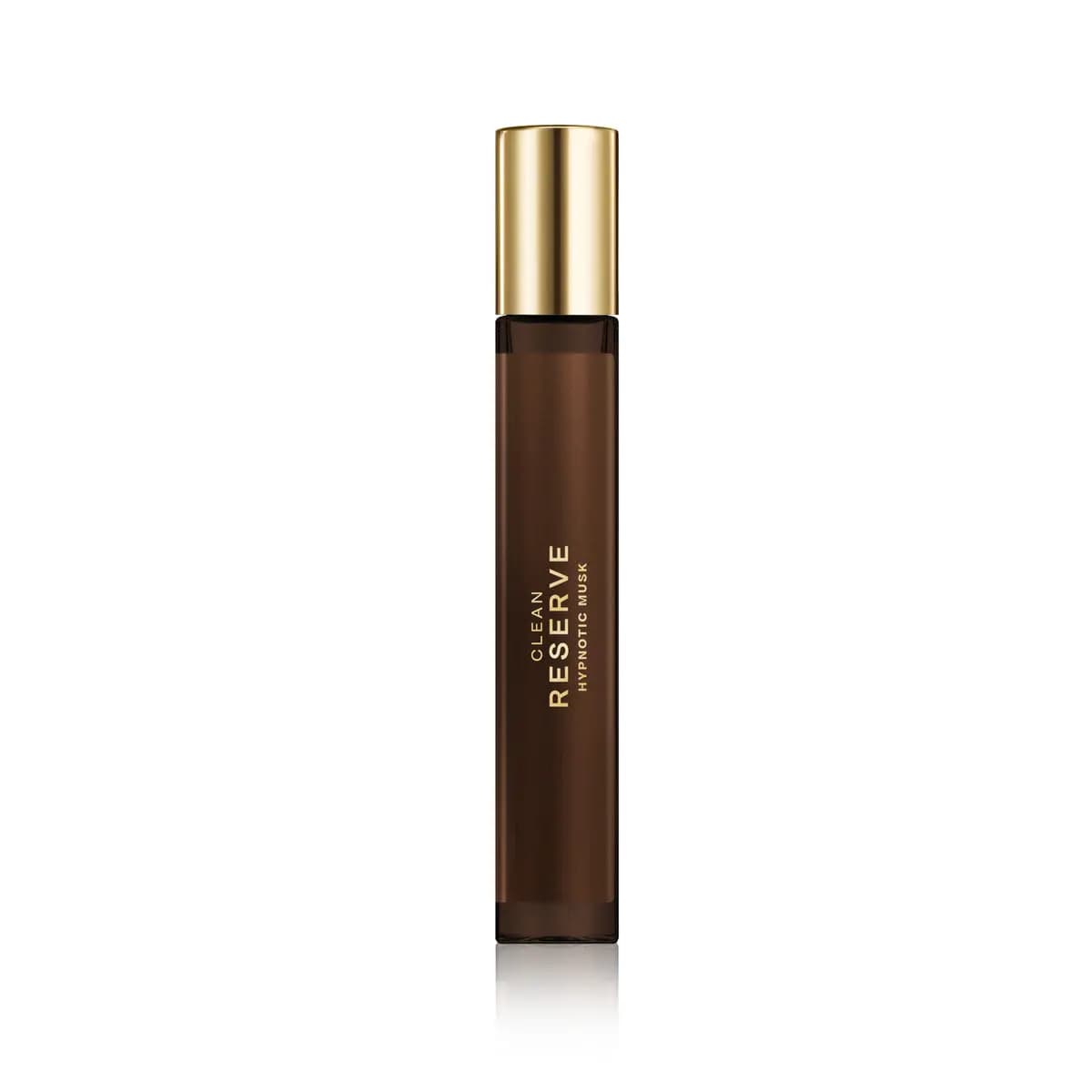 Tall slim brown rollerball vial of Clean Reserve Hypnotic Musk with a gold cap on a white background.