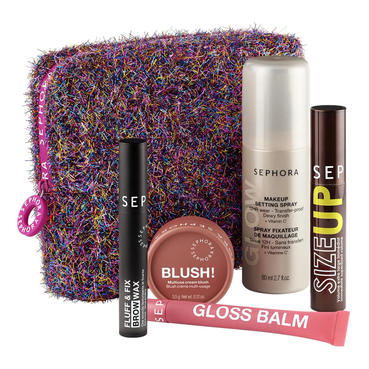Rainbow tinsel Sephora pouch with Fluff & Fix Brow Wax, Blush! cream blush, Glow setting spray, Size Up mascara