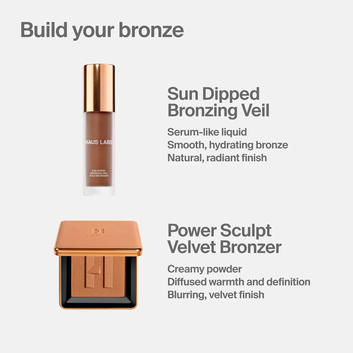 Sun Dipped Bronzing Veil bottle above a Power Sculpt Velvet Bronzer compact under the heading 'Build your bronze