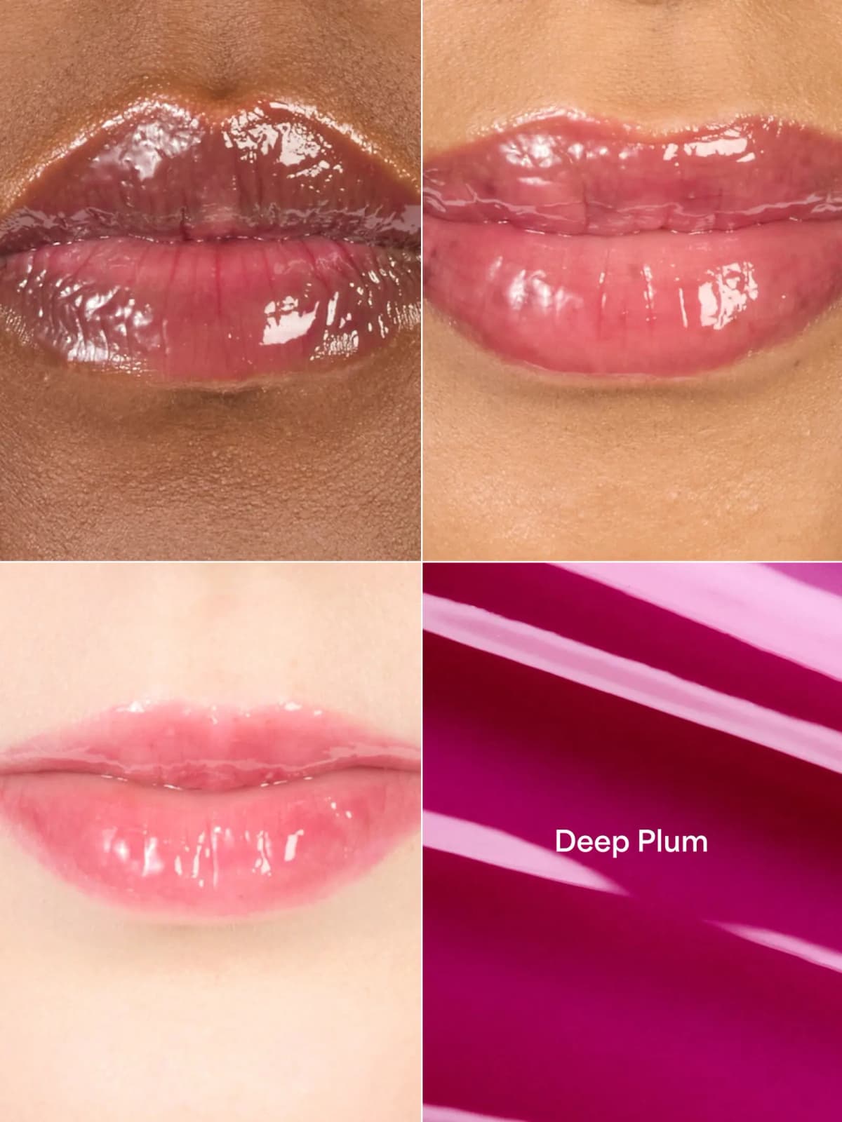 Deep Plum gloss giving a sheer berry tint on three skin tones, beside a vivid magenta swatch