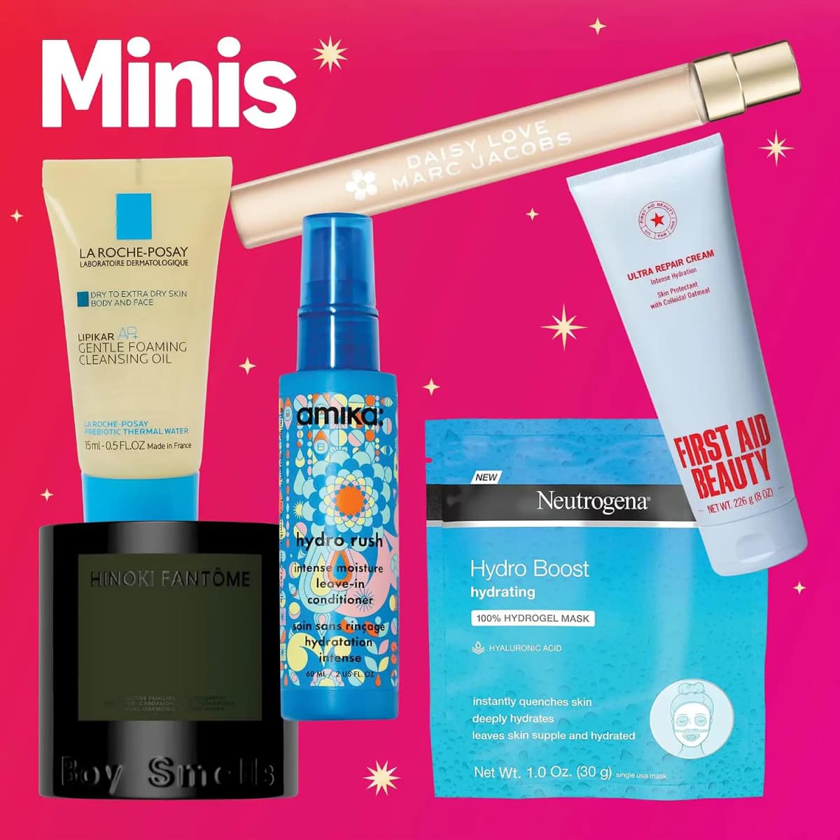 Minis incl. Marc Jacobs Daisy Love spray, La Roche-Posay oil, amika leave-in, Neutrogena mask and Boy Smells candle