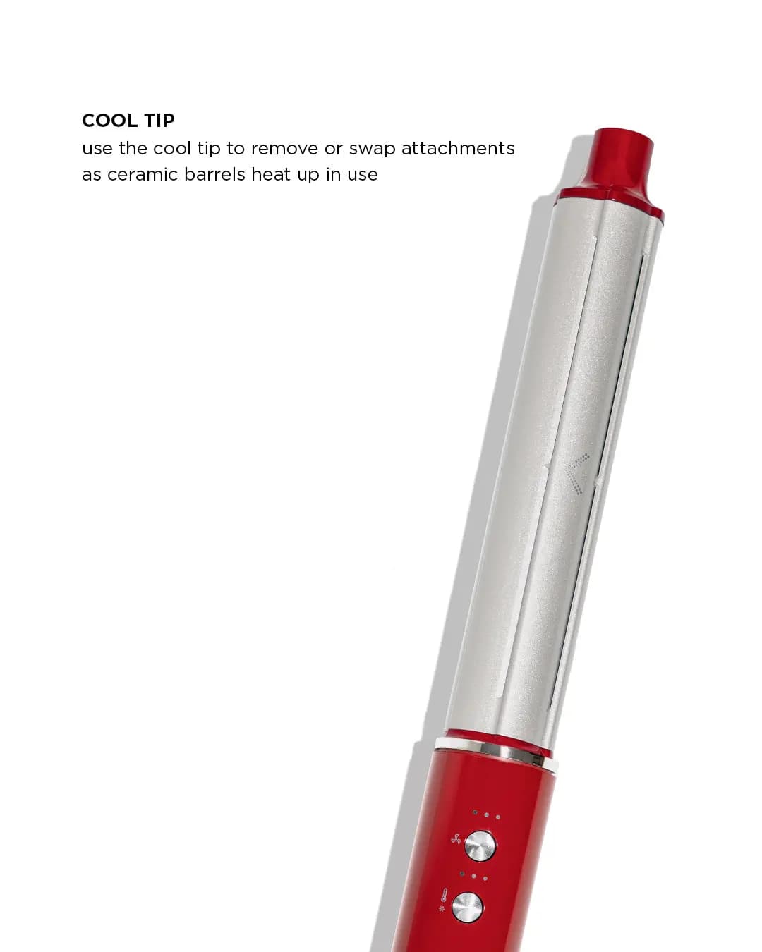 Silver ceramic curling barrel with red cool tip attached to the red handle, captioned Cool Tip
