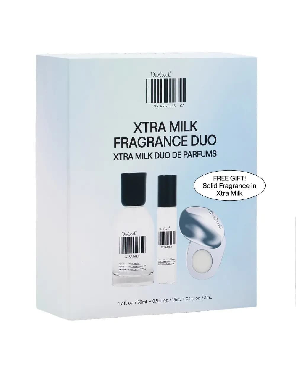 Xtra Milk Fragrance Duo pale blue box with free solid fragrance gift callout