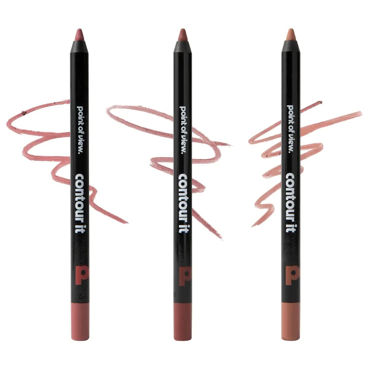 Three black contour it lip liners in pink, rosy and peachy nude shades with matching scribble swatches