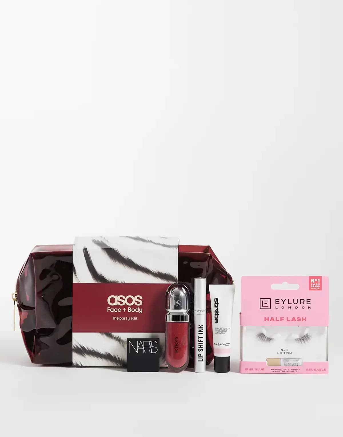 ASOS Face + Body Party edit with burgundy wash bag, zebra sleeve, NARS, KIKO gloss, Lip Shift Ink, MAC Strobe Cream