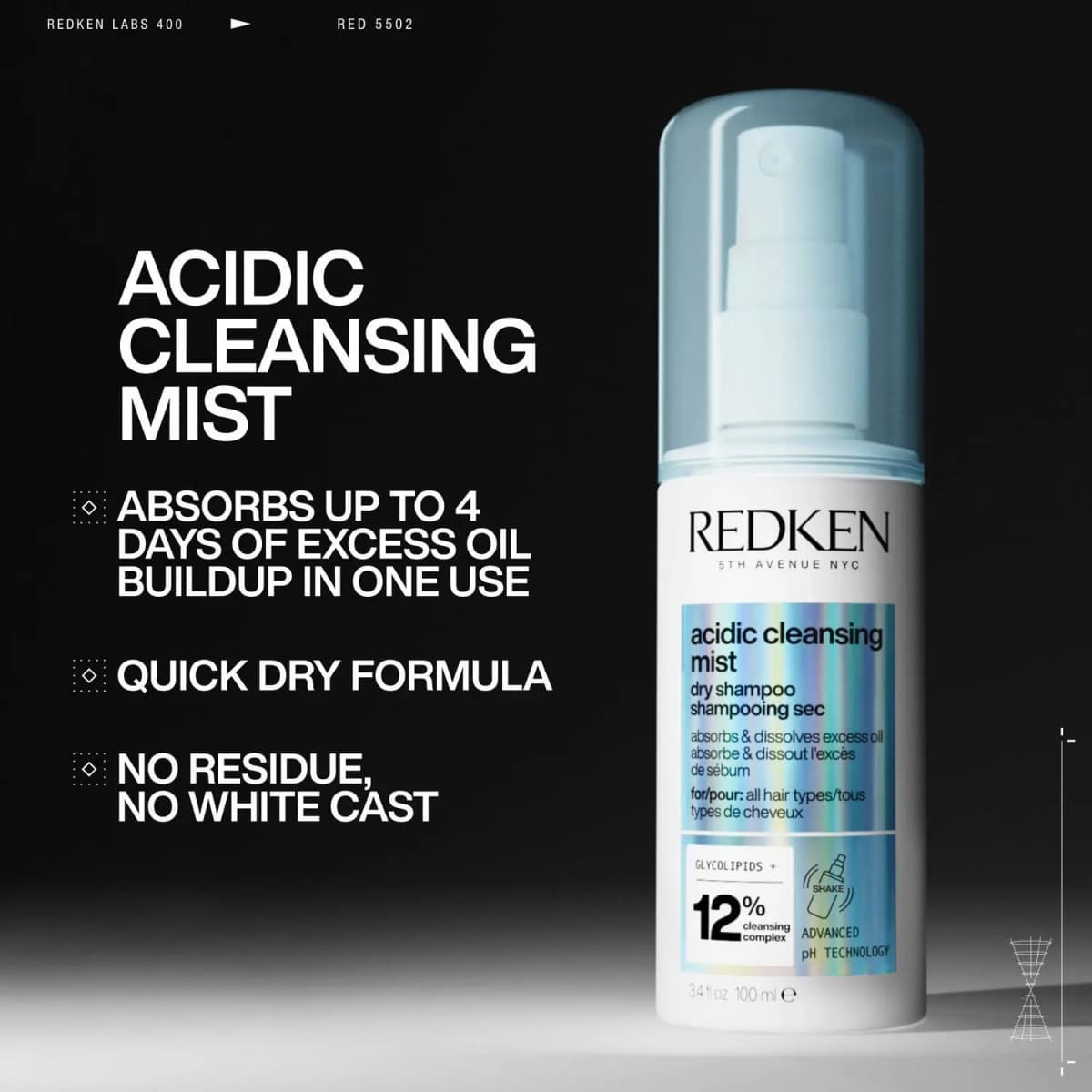 Spray bottle on black backdrop beside text claiming it absorbs 4 days of oil, dries quickly and leaves no white cast
