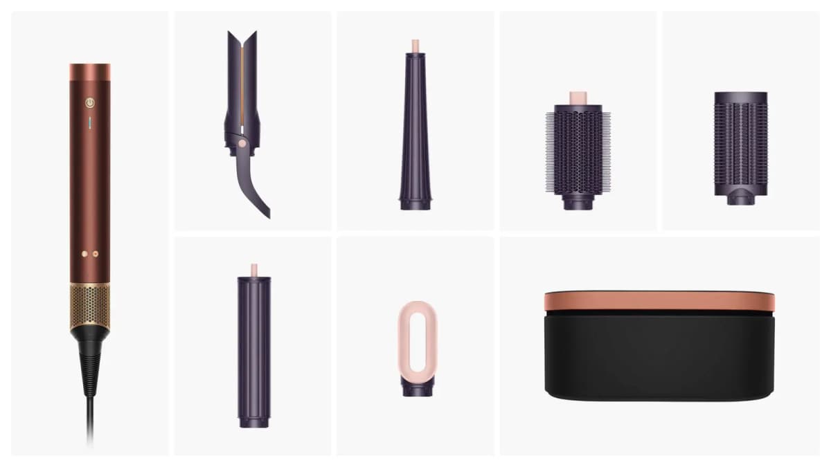Copper multi-styler body with clamp curler, conical barrel, brushes, long barrel, pink tool and black-and-copper case