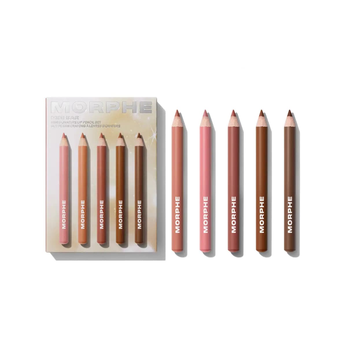 Morphe Mini Bar mini lip pencil set box beside five pencils ranging from pink nude to deep brown
