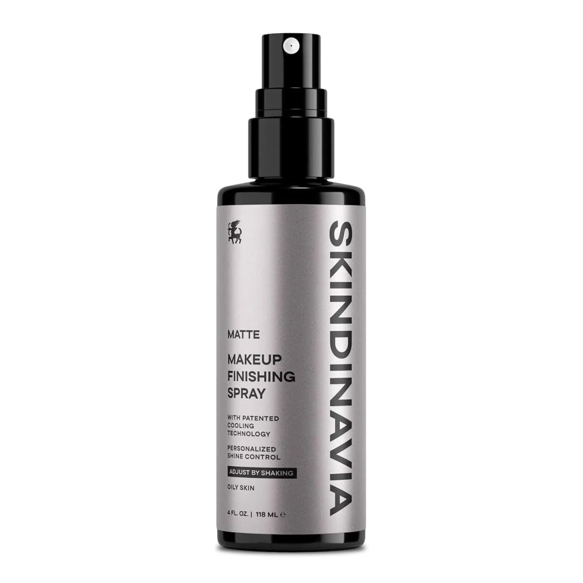 4 oz Skindinavia Matte Makeup Finishing Spray in a silver-labelled bottle for oily skin, on white