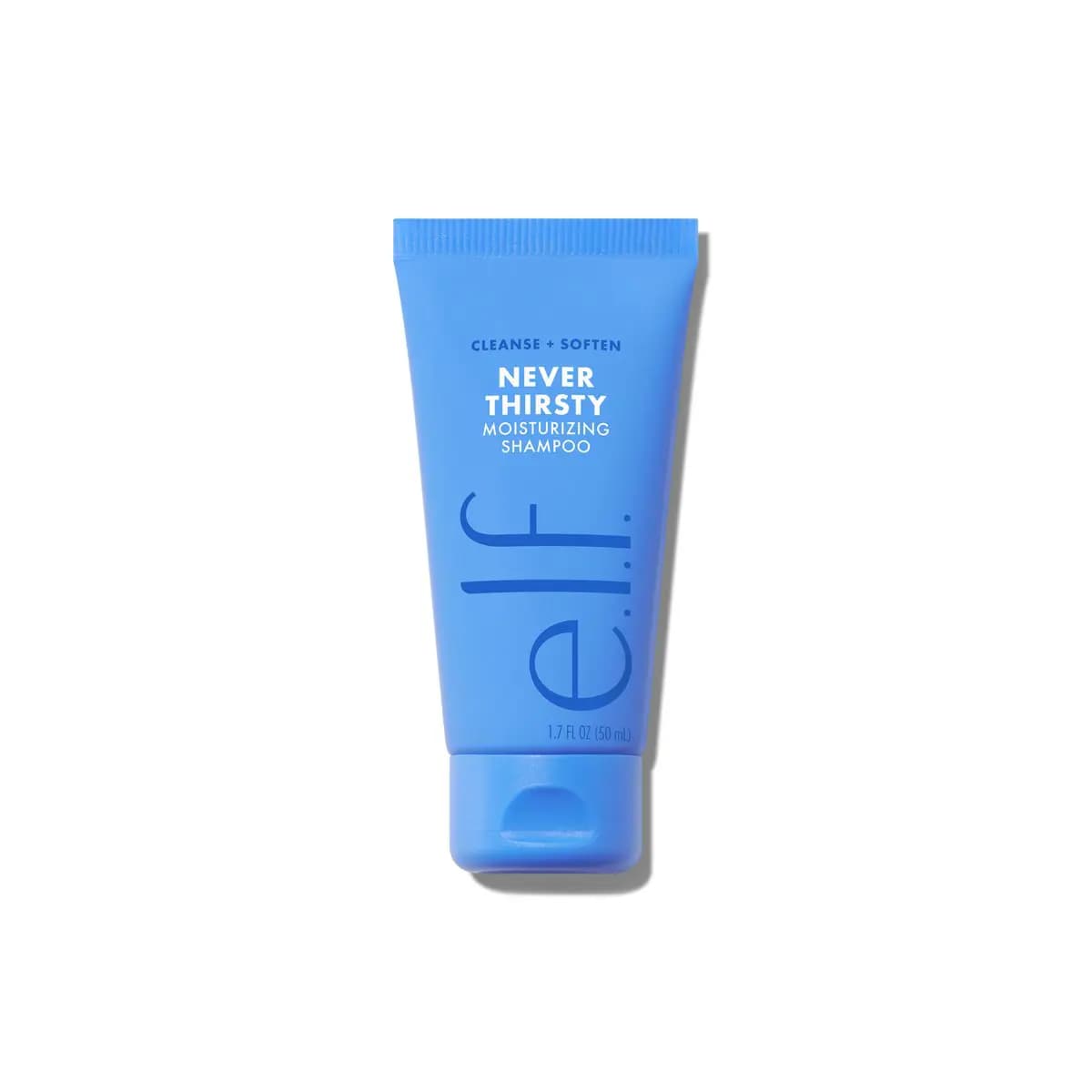Bright blue e.l.f. Never Thirsty Moisturizing Shampoo 1.7 fl oz mini tube on a white background