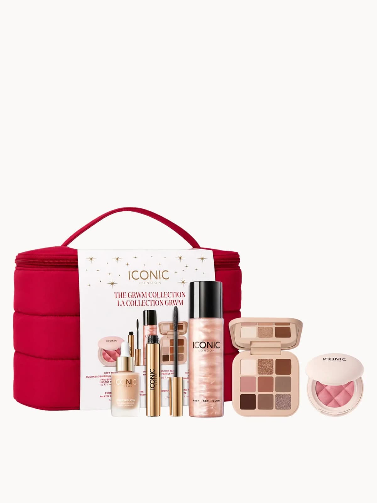 Red quilted vanity case with white ICONIC London GRWM Collection sleeve, alongside primer, mascara, setting mist