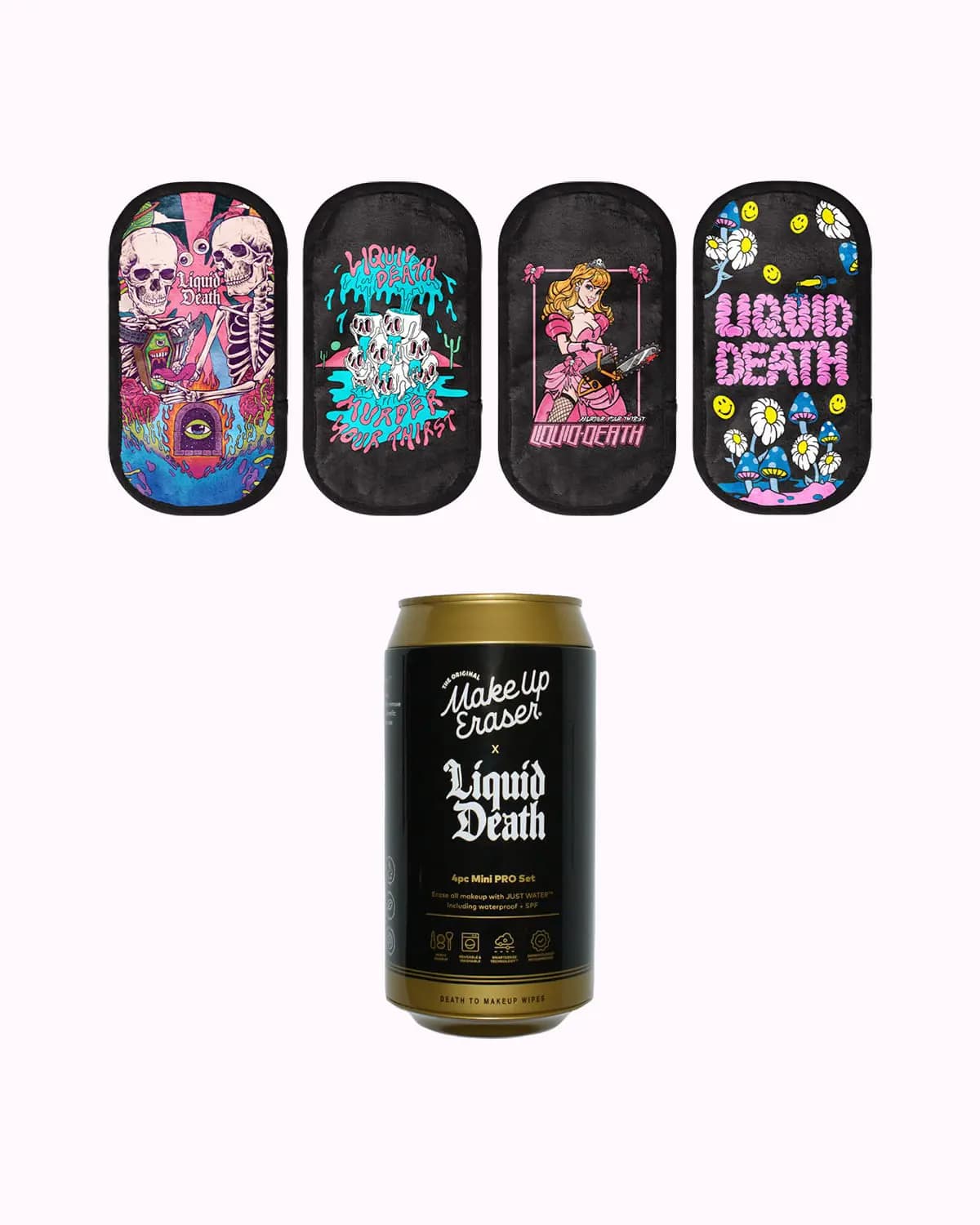 Four Liquid Death Mini PRO erasers with skeleton, skull, chainsaw princess and daisy art above the black-and-gold can