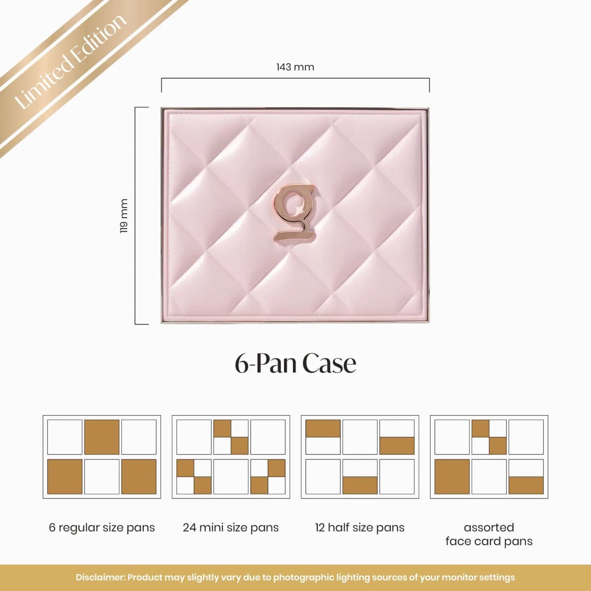 Limited edition pink quilted 6-pan case with rose gold g logo, 143 x 119 mm, plus pan layout diagrams