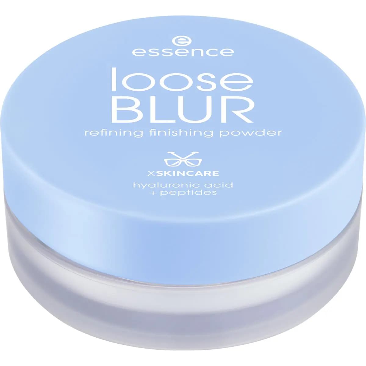 Loose BLUR refining finishing powder jar with a pale blue lid, labelled hyaluronic acid + peptides