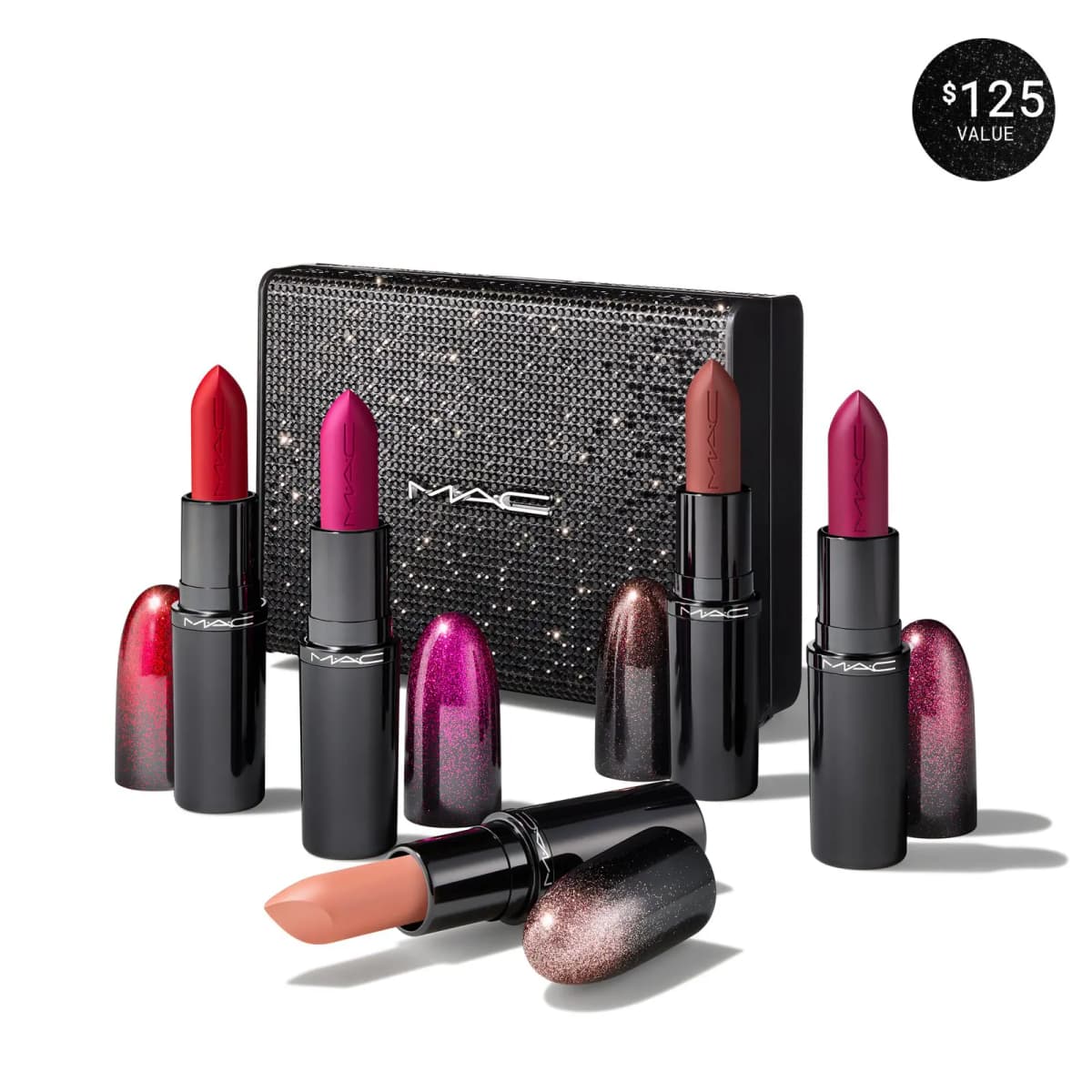 Five M·A·C lipsticks in red, pink, brick, berry and nude with glitter caps before a sparkly black box; $125 value badge.