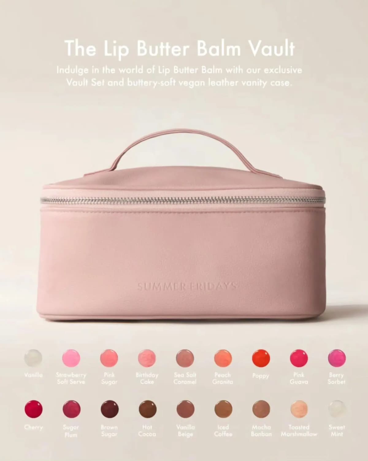 Pink vegan leather vanity case with embossed Summer Fridays logo above two rows of labelled shade swatches