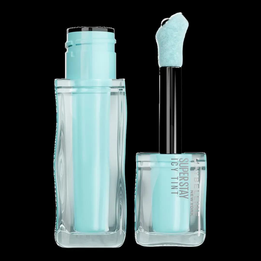 Pale icy blue wavy bottle with light blue flocked applicator and silver Super Stay Icy Tint lettering