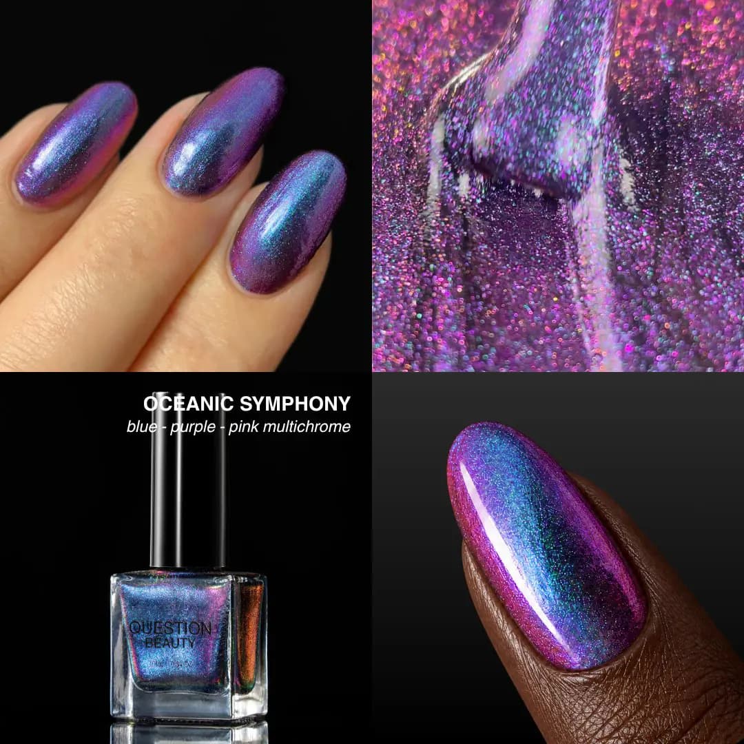 Oceanic Symphony blue-purple-pink multichrome on nails, shown with a sparkly violet macro and the bottle