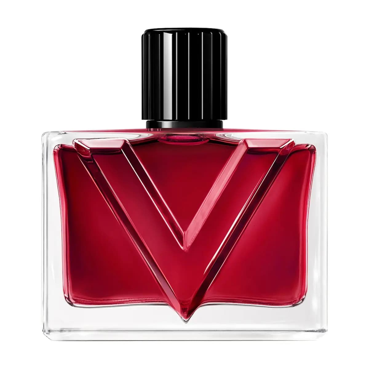 Valentino Vendetta Donna Eau de Parfum bottle with deep red juice, sculpted V in clear glass and ribbed black cap