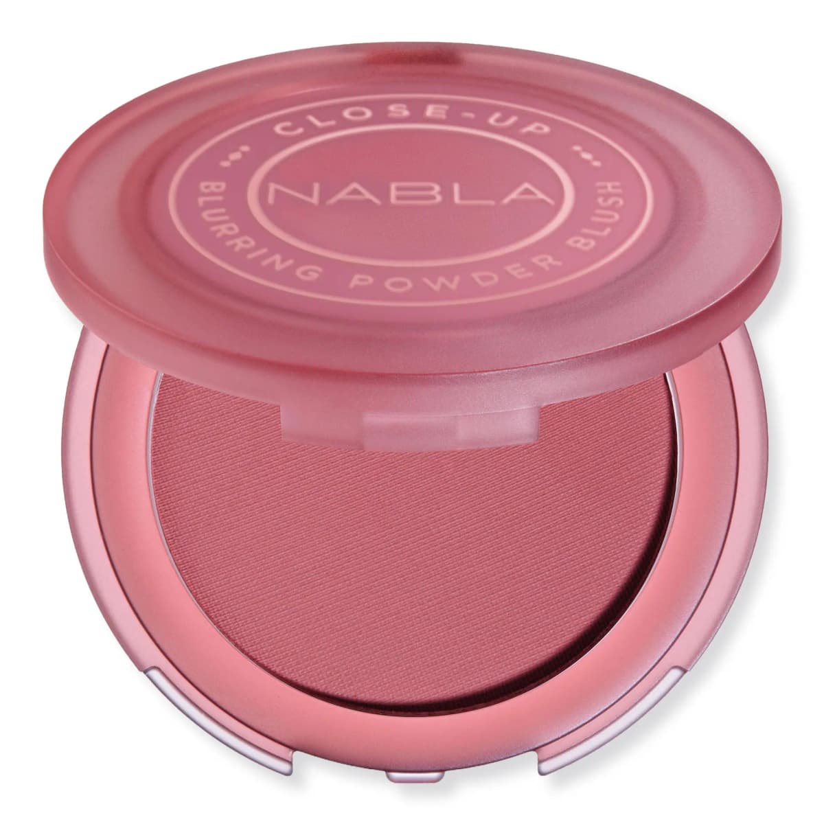 Open Close-Up Blurring Powder Blush compact with frosted pink lid and matte rosy mauve pan