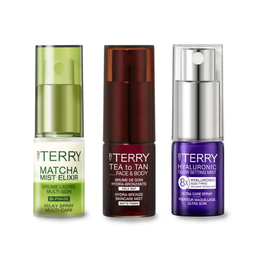 Matcha Mist Elixir, Tea to Tan Face & Body and Hyaluronic Glow Setting Mist bottles side by side on white