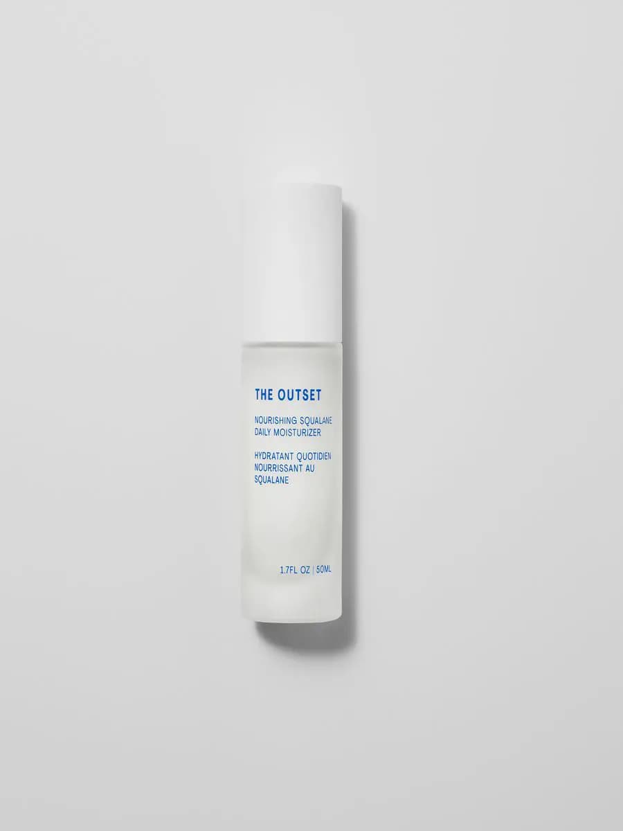 The Outset Nourishing Squalane Daily Moisturizer in a tall frosted 50ml bottle with a white cap
