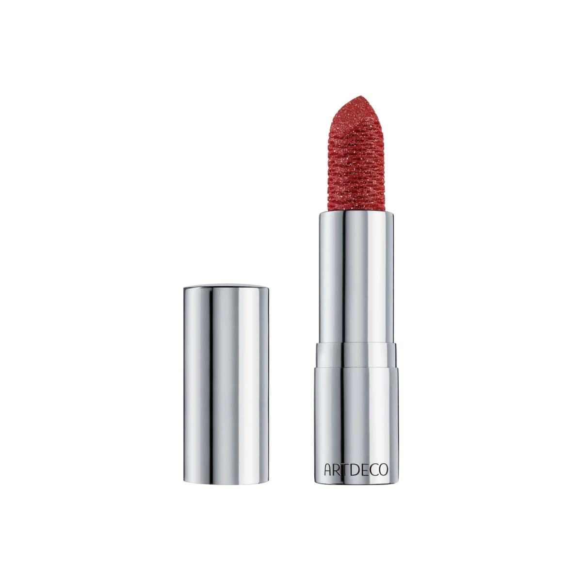 Lip Jewels lipstick in a sparkling deep red with ridged textured bullet, silver case and cap beside it