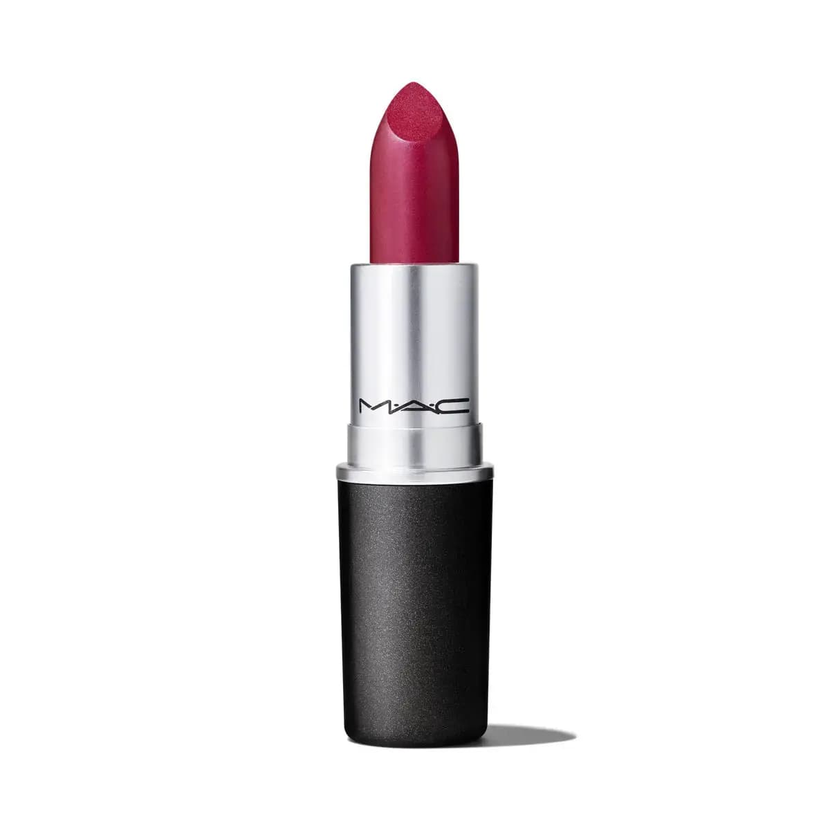 Uncapped MAC lipstick in deep berry-red frost with a pearly sheen in a silver and black case