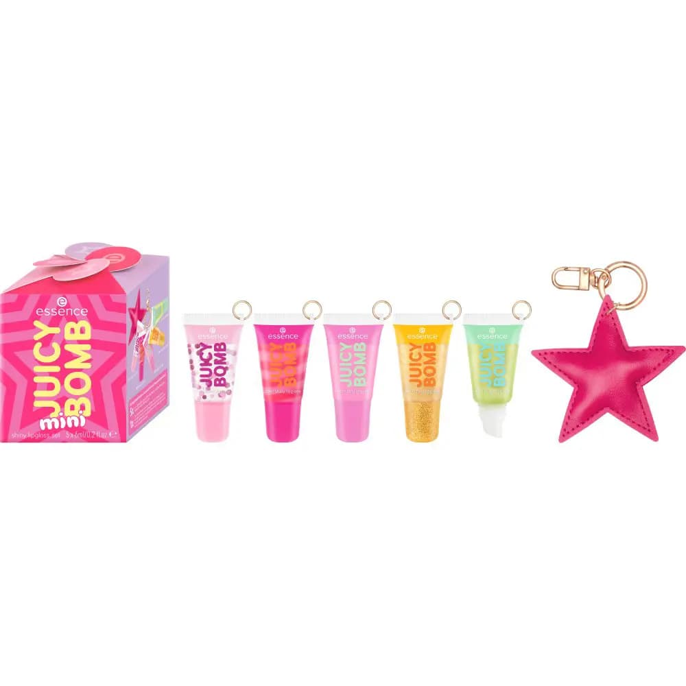 Juicy Bomb Mini shiny lipgloss set cube box with five mini glosses and a pink leather star keychain